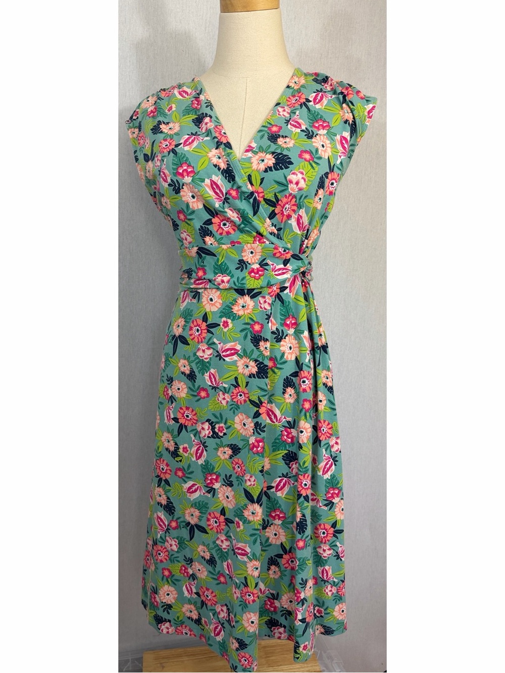 Lands' End Teal Green Floral Faux Wrap Midi Dress